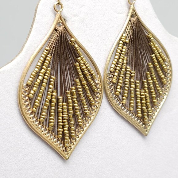 Gold Brown Beaded Teardrop Earrings With Metal Frame Vintage - Picture 2 of 4